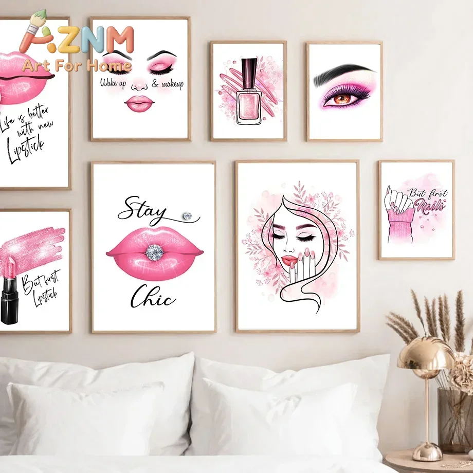 Nail Art Pink - AZNM Frameless Canvas Wall Art Pink
