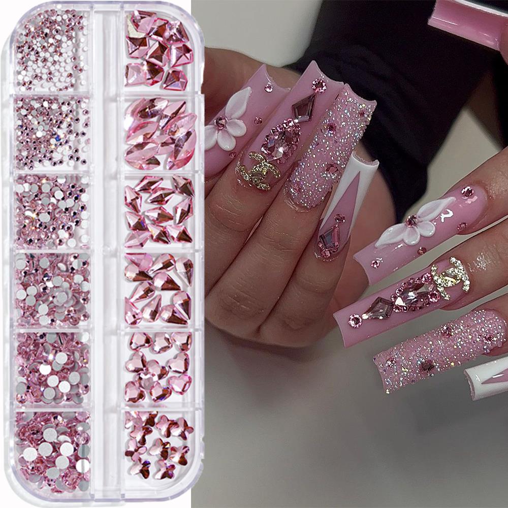 Nail Art Valentines Day - 12Grids 3D Pink Nail Art Rhinestones