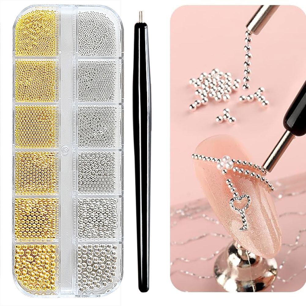 12 ô hạt caviar mini vàng/bạc  - đánh giá và giá Nail Art Valentines Day